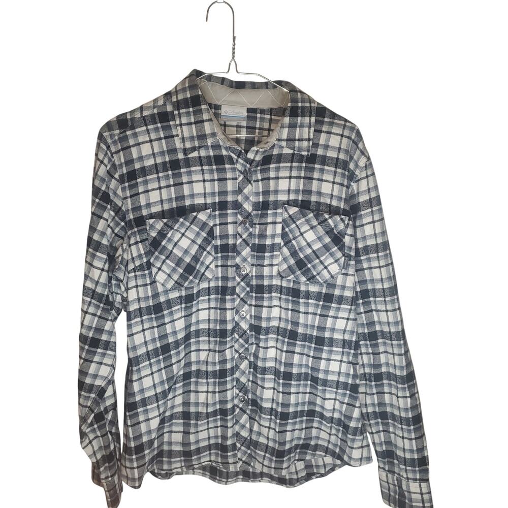 Columbia Women’s XL (fits L) Plaid Flannel Shacket Gray Black Cotton Lined Shirt